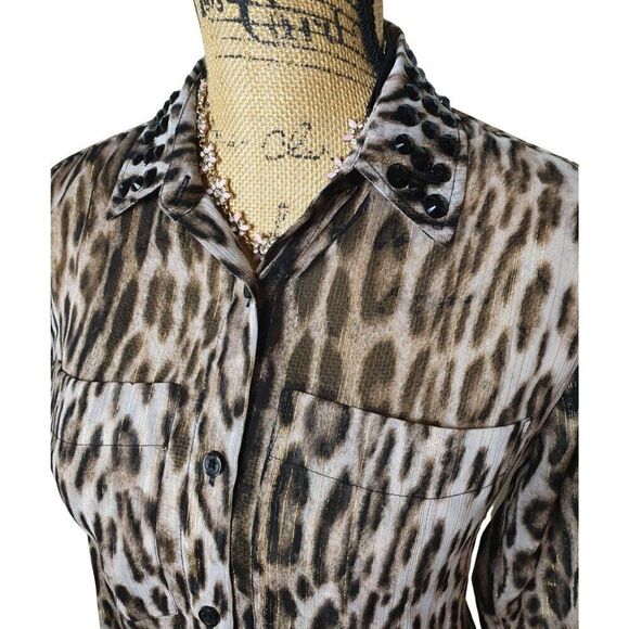 Michael Michael Kor Leopard Print Blouse Semi Sheer Roll Tab Button Up Small - Picture 2 of 7
